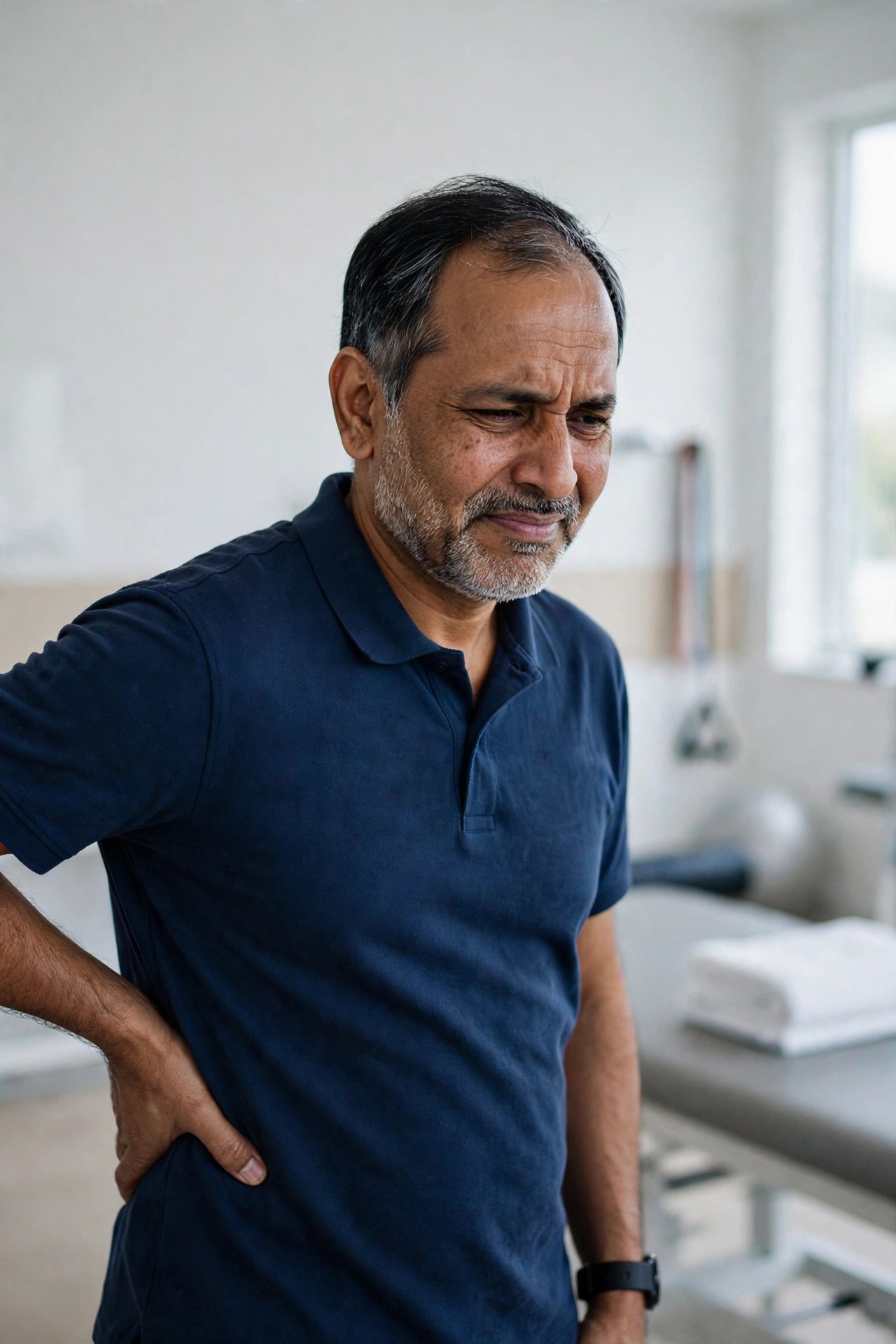 Patient stiff and in pain, holding lower back